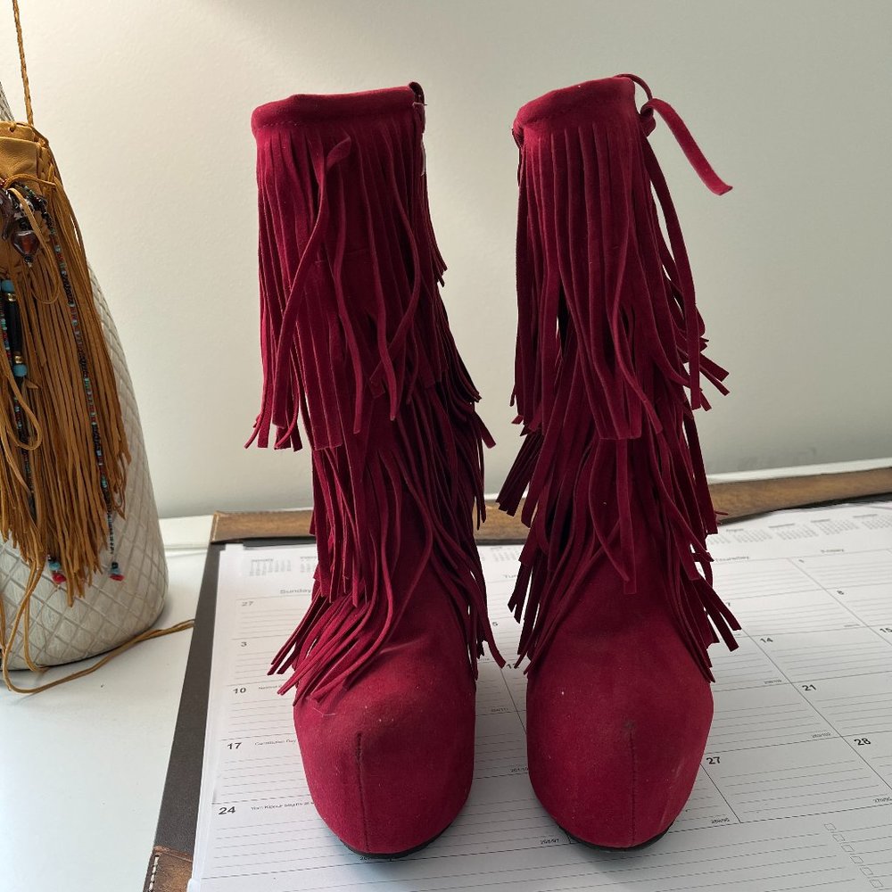 Red fringe wedge booties size 7